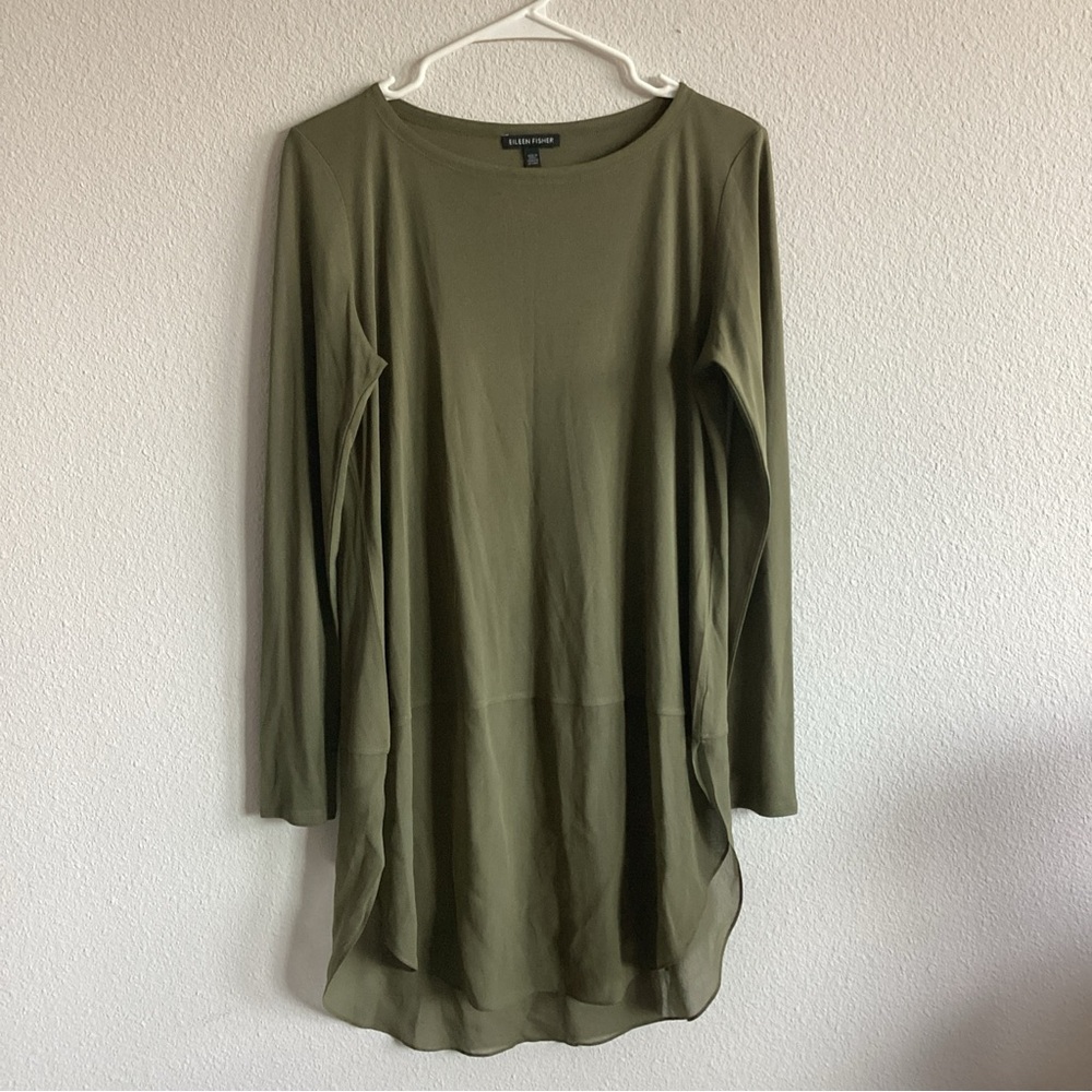 Eileen Fisher XS Olive Green 100% Silk Tunic Top Long Sleeve